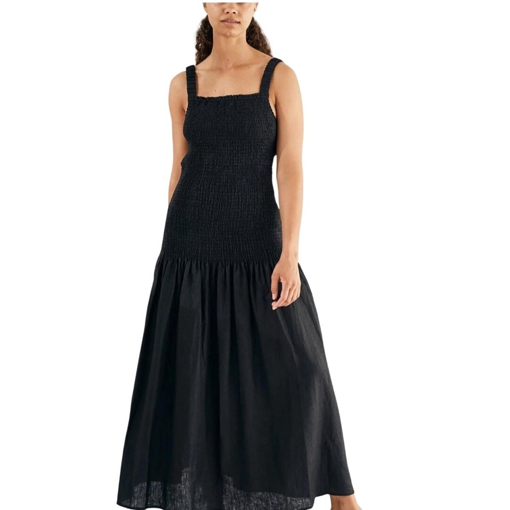 SIR the Label Black Linen Smocked Cutout Maxi Dress Size 3 US 8 Sleeveless